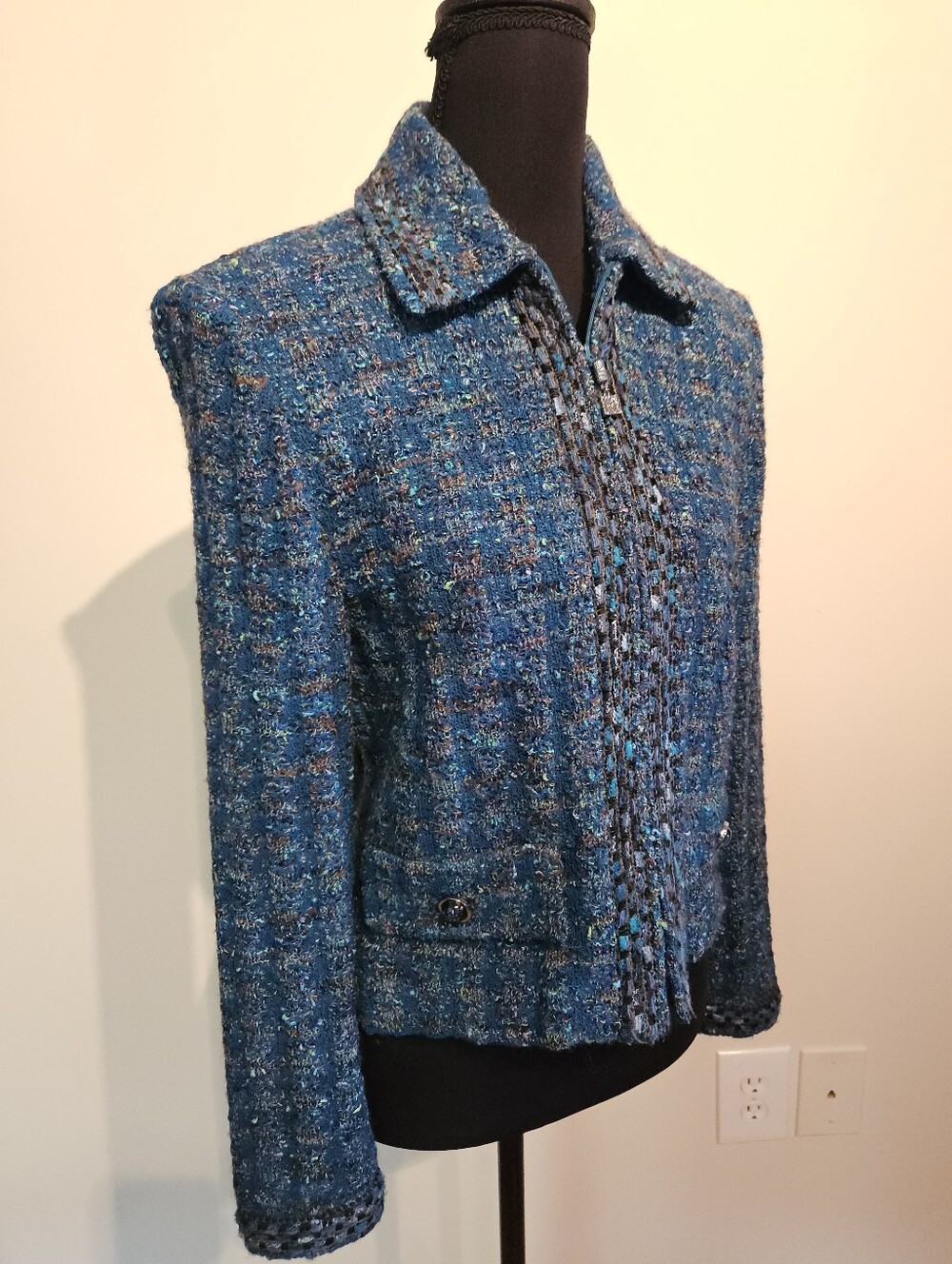St John Blue Tweed Women's Zip-Front Jacket S2